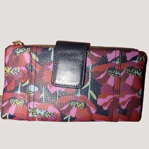 Fossil Leather Floral Trifold Wallet With Card Slots Zipper Compartment